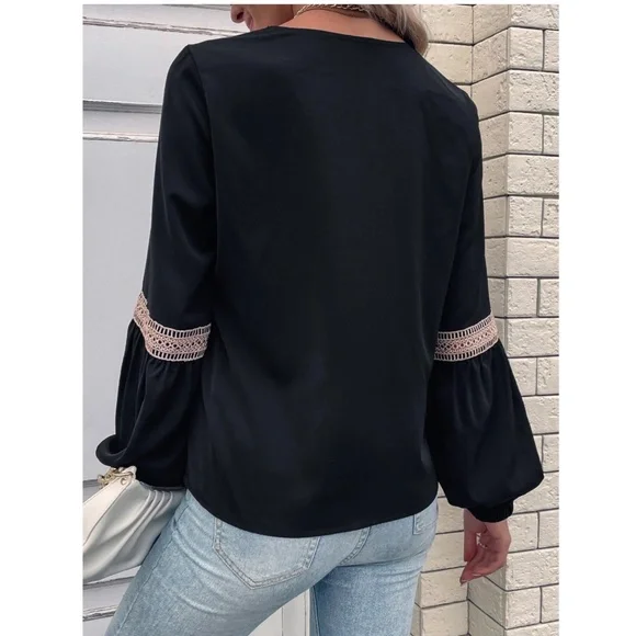 Eylet Embroidery Trim V-Neck Boho Shirt Black , Long  Lantern Sleeve - Picture 2 of 7